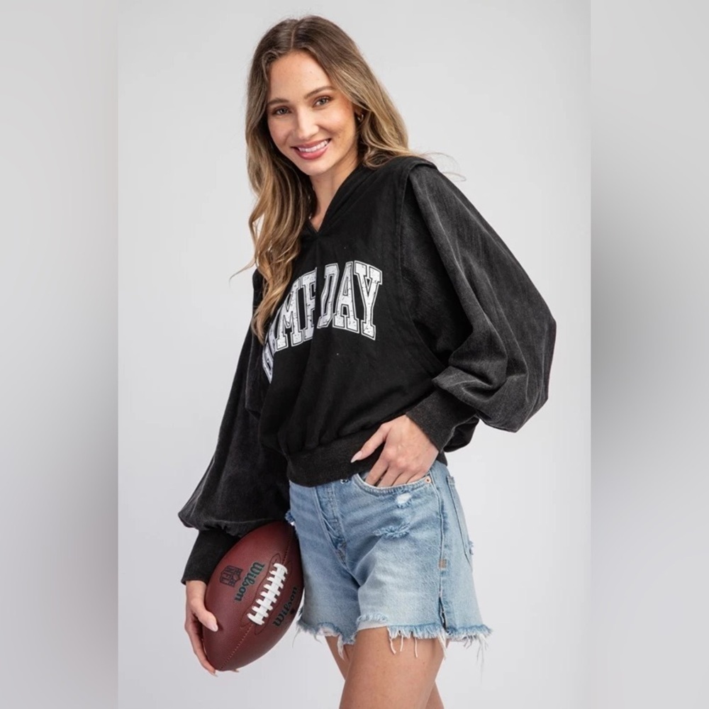 Eesome Game Day Sport Athletic Balloon Sleeve Washed Black Hoodie Sweatshirt - Picture 8 of 12